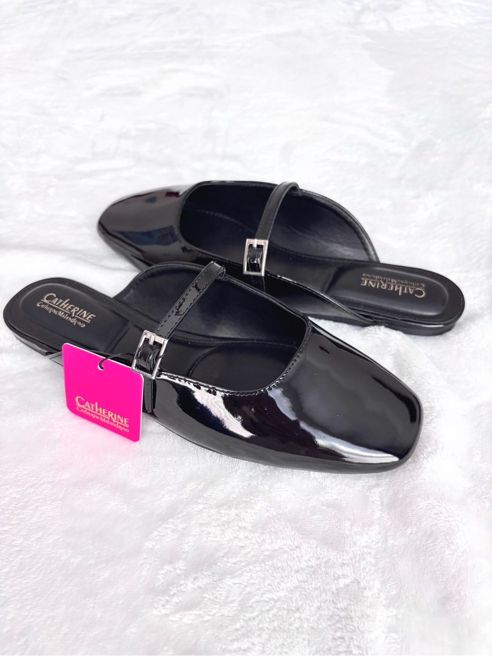 CATHERINE MALANDRINO Black Glossy Buckle Slide-On Mule--NWT--8